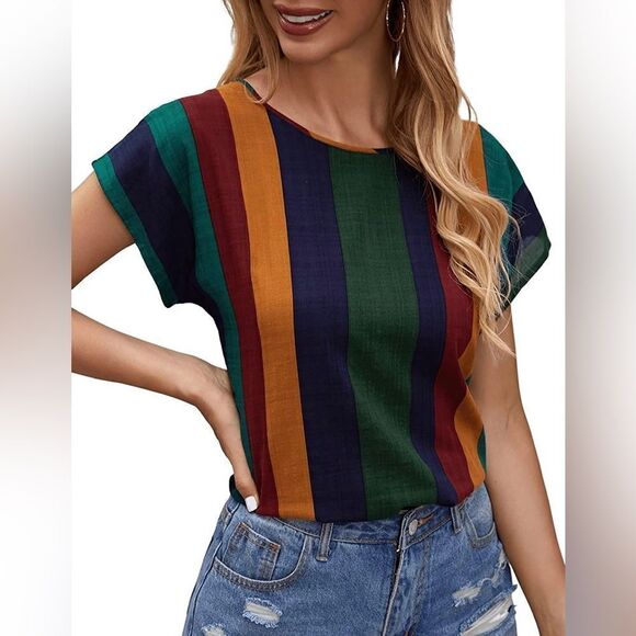 SHEIN Tops - SHEIN Women's Cuff Short Sleeve Print Work Blouse Round Neck Shirt - S       